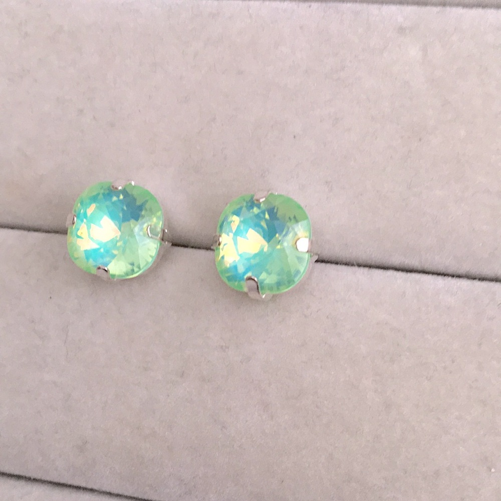 Pacific Opal Aurora Borealis + Silver Cushion Cut Crystal Earrings - Picture 6 of 6